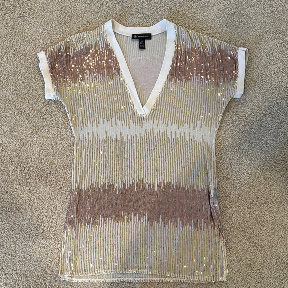 INC White and Cream Sequin Cap Sleeve Tee